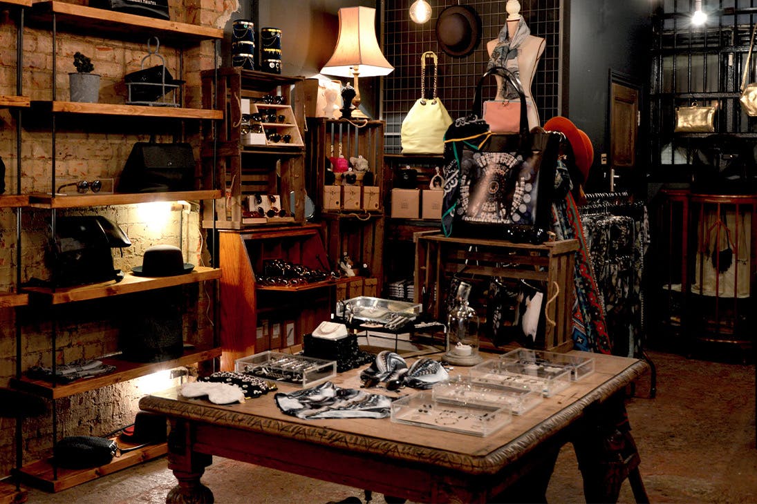 Antique store, with dark mood lighting and wood textures.
